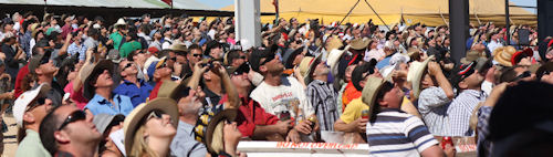 crowd at the races looking up at the roulettes during the airshow